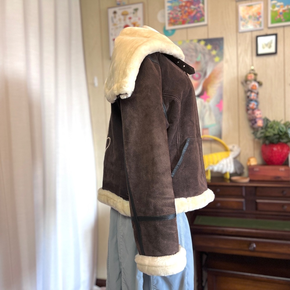 Baby Phat Brown Leather Faux Fur Lined Zip Up Hood Jacket Buckle Collar Womens L - Picture 5 of 12